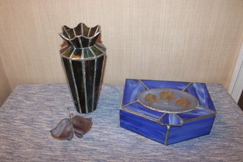 STAINED GLASS VASE AND JEWELRY BOX