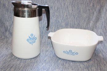 CORNING WARE COFFE POT AND DISH