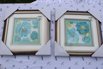 2 Small Framed Blue Floral Prints - New