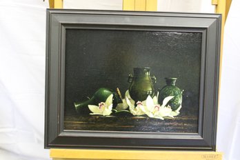 SIGNED OIL ON BOARD ORCHIDS & GREEN VASES 20X16