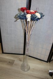 TALL GLASS VASE WITH WOOD ROSES