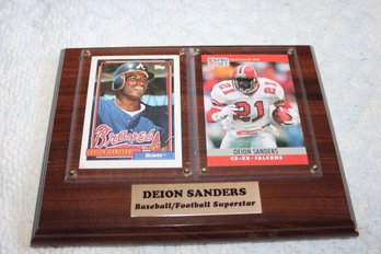 2 Deion Sanders Baseball/football Cards Mounted On Plaque