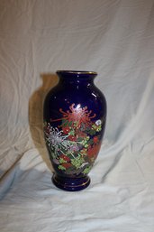 11' Japanese Deep Blue Pitcher Decorated With Chrysanthemums