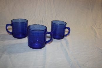 3 Blue Glass Mugs Made In Mexico