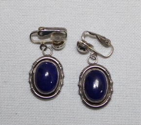 JOHNSON? STERLING CLIP ON EARRINGS BLUE STONE CABOCHON