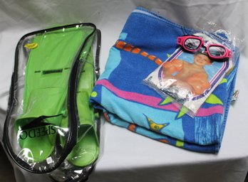 BEACH SWIM LOT FLIPPERS GOGGLES TOWEL