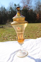 Vintage Amber Glass Lidded Candy Dish - Rhinestones