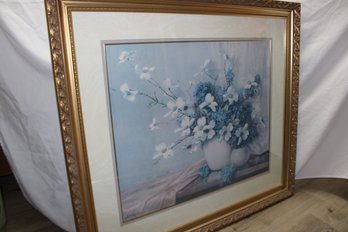 LARGE FLORAL PRINT IN GOLD FRAME SIGNED RUTH GREER