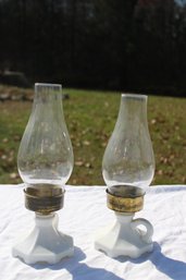 2 Milk Glass Oil Hurricane Lamps