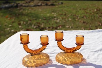 2 Amber Glass Candle Stick Holders