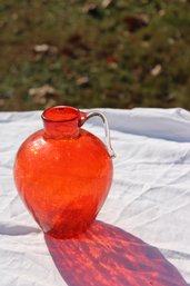 Red Crackle Art Glass Handled Vase