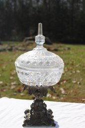 Vintage Glass Dish Bowl Compote  W/Lid Brass Marble Pedestal