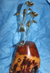 22kt Gold & Glass Dolphin Sculpture On Wood Base