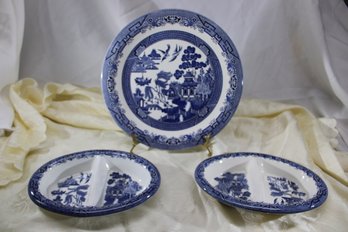 COLLECTION OF CHURCHILL BLUE WILLOW PLATES DISHES