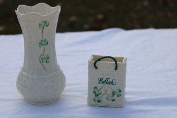 BELLEEK VASE & SHOPPING BAG - SHAMROCKS