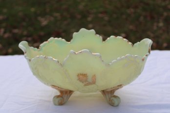 VINTAGE CUSTARD GLASS BERRY BOWL - GOLD GILD SCROLL FOOTED