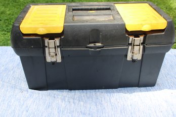BLACK STANLEY PLASTIC TOOL BOX AND TOOLS