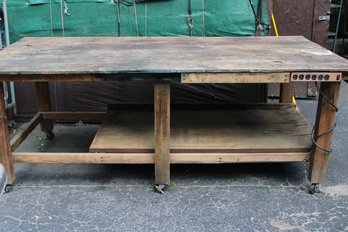 8 FOOT WOOD WOODEN WORK TABLE BENCH WITH WHEELS
