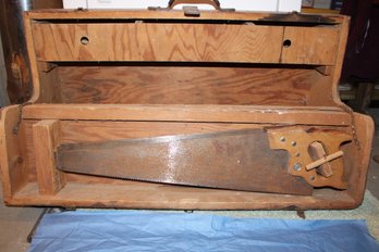 WOOD WOODEN TOOL BOX CASE & SAWS
