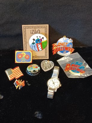 Assorted Pins And Vtg Timex Mechanical Watch