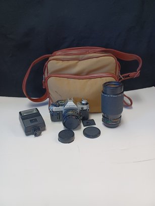 Canon AE-1 Camera,  75-200 Zoom Lens, Flash And Camera Bag