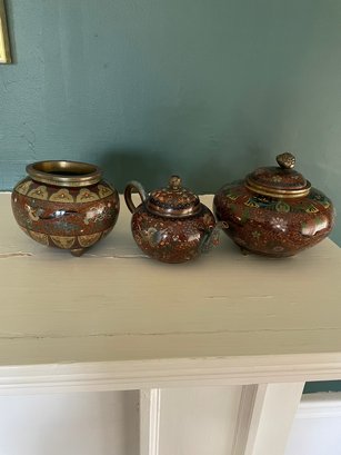 3 Enameled Brass Decorative Vessels