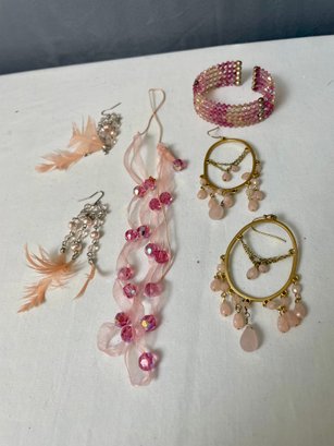 Costume Jewelry Pink Beaded Necklace, Pink Beaded Bracelets, Pink Beaded Earrings
