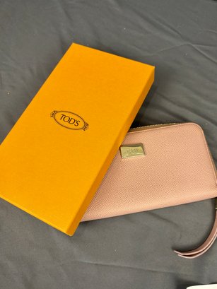 Tods Pink Leather Zip Around Continental Wallet