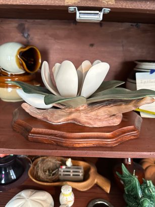 Porcelain Flower On Wood Stand