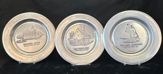 3 Vintage Pewter Novelty Plates