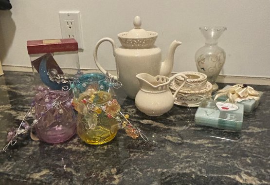 Glassware Lot: Godinger Tea Pot Creamer, Lenox Cake Candle Votives, Colored Glass, Live Coasters And 200 Baby
