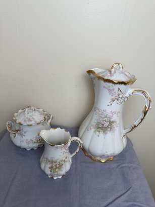 Theodore Haviland Limoges Chocolate Pot With Creamer And Sugar Bowl