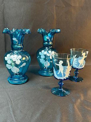 2 Blue Blown Glass Vases And 2 Small Glasses