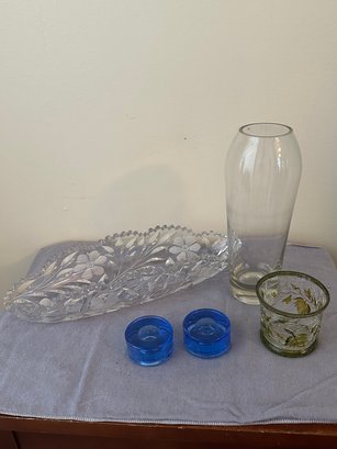 Crystal Dish, 2 Glass Candle Holders, Votive Holder, And Glass Vase.
