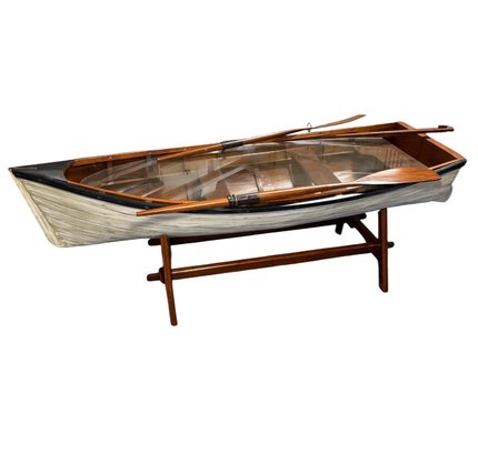 Wooden Row Boat Glass Top Living Room Coffee Table (K)