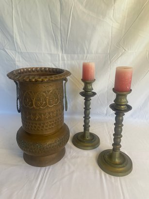 Brass Candlesticks & Copper Vase
