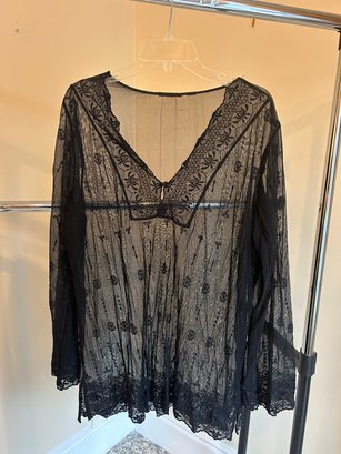 AVENUE Mesh Black Sheer Embroidered Blouse