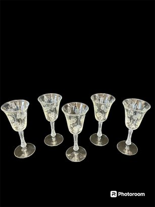 Set Of 5 Etched Wine Glasses