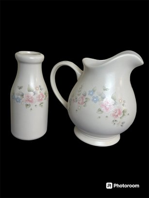 Pfaltzgraff Stoneware Tea Rose Pitcher And Milk Bottle Vase.