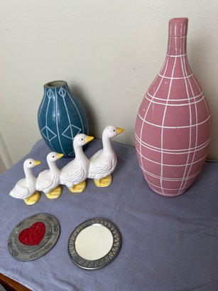 2 Decorative Vessels, Ducks, And 2 Mirrors