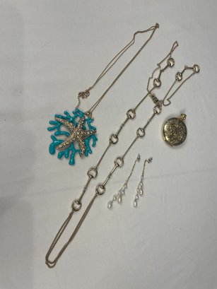 2 Goldtone Necklaces, 14K Pearl Drop Earrings, Locket