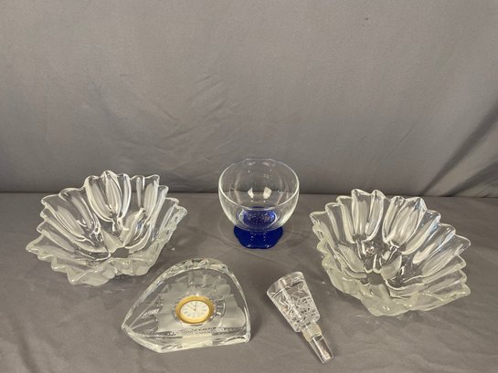 2 Glass Tulip Bowls, Mikasa Clock, Dish, Crystal Stopper