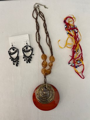 Orange Shell Necklace, Black Beaded Earrings, Eye Necklace