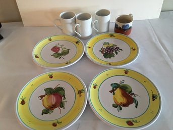 Four Vintage Italian Plates And  Four Assorted Mugs