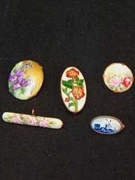 Lot Of 5 Vtg Hand-painted Pins