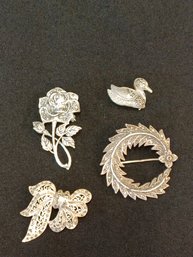 Lot Of 4 Sterling And Marcasite Pins