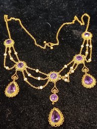 Antique 14k Yellow Gold, Amethyst & Pearl Necklace
