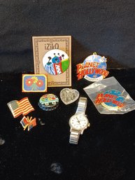 Assorted Pins And Vintage Timex Mechanical Watch