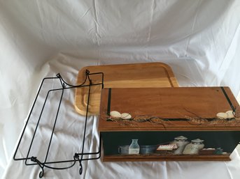 Painted Wooden Box, Wooden Tray, And Metal Tray