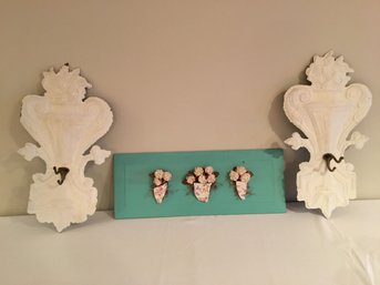 Pair Of Decorative Wall Hooks And Pots Of Flowers